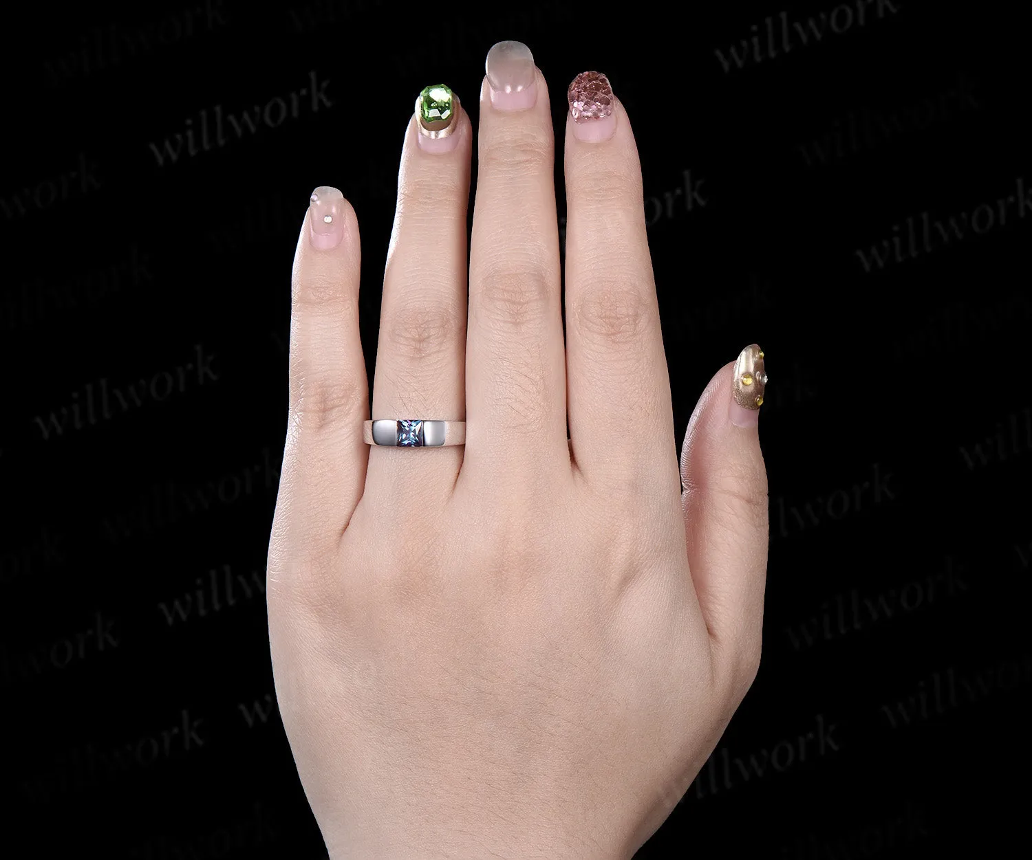 Princess Cut Color-Change Alexandrite mens Wedding Band solid 14k white gold Color-Change Gemston Unique Anniversary Gifts men sold by Willwork Jewelry product image thumbnail 3