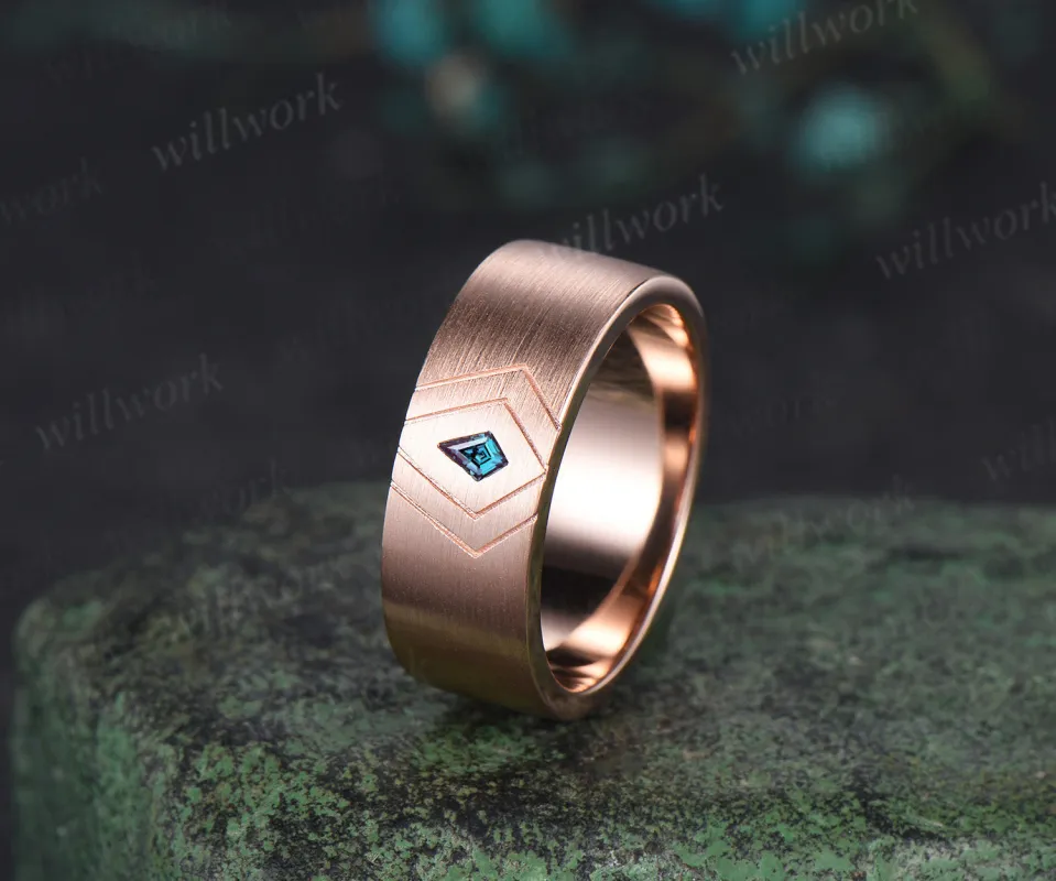 Kite Cut Alexandrite Men Wedding Band 14K Rose Gold 8mm Men Engagement Ring Brushed Finished Band Mens Stacking Band Promise Ring sold by Willwork Jewelry