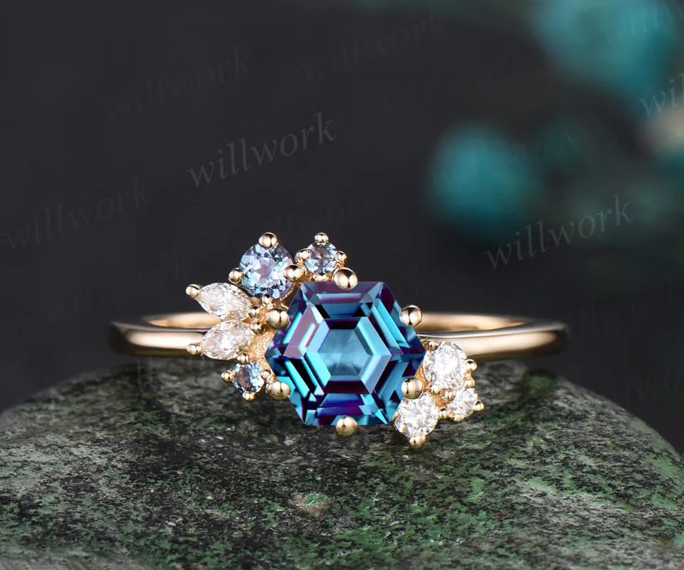 Hexagon cut Alexandrite ring gold silver for women vintage unique Alexandrite engagement ring cluster art deco moissanite bridal ring gift sold by Willwork Jewelry