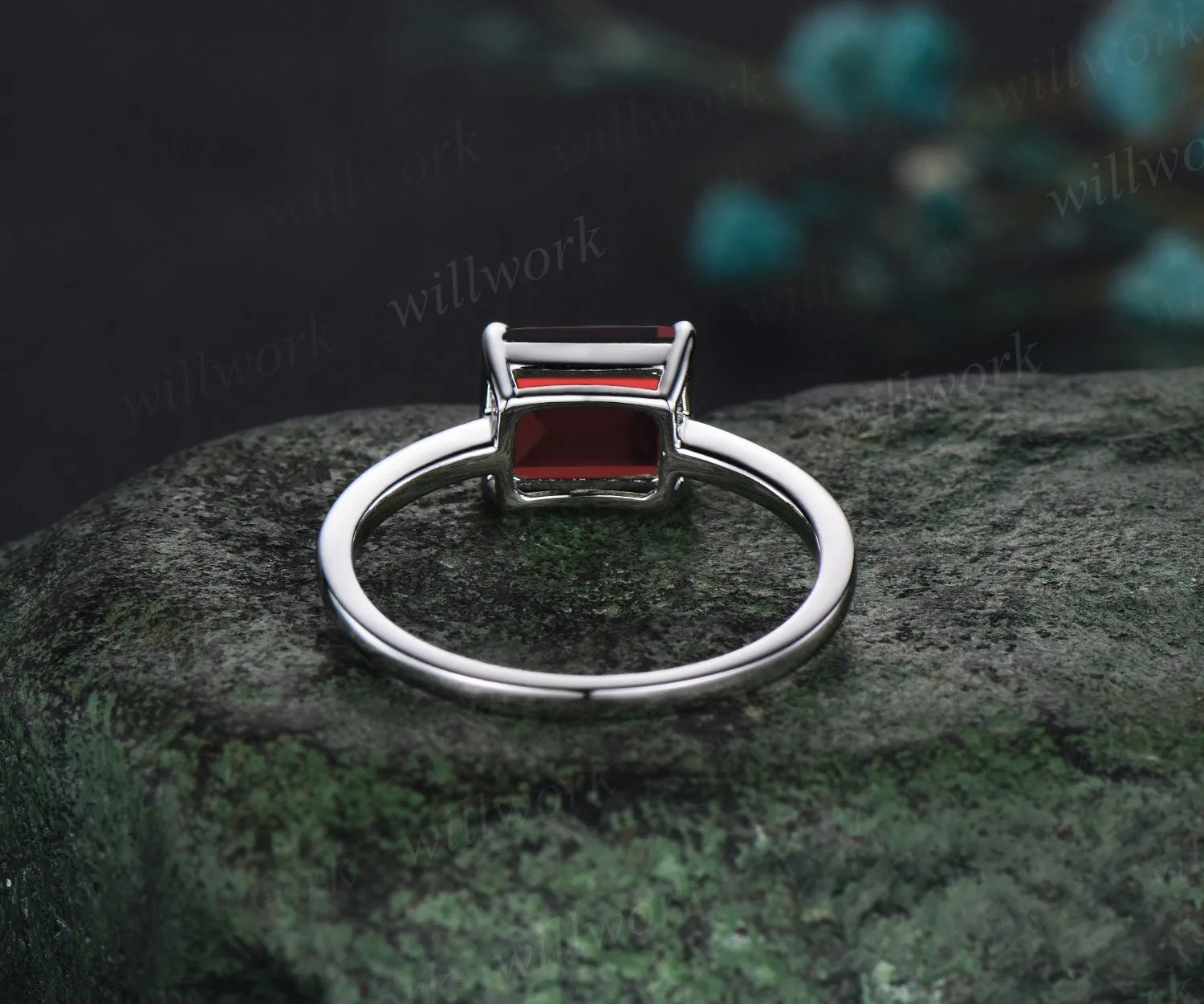 East to west emerald cut red garnet engagement ring women solid 14k white gold solitaire unique gemstone anniversary ring gift sold by Willwork Jewelry product image thumbnail 4