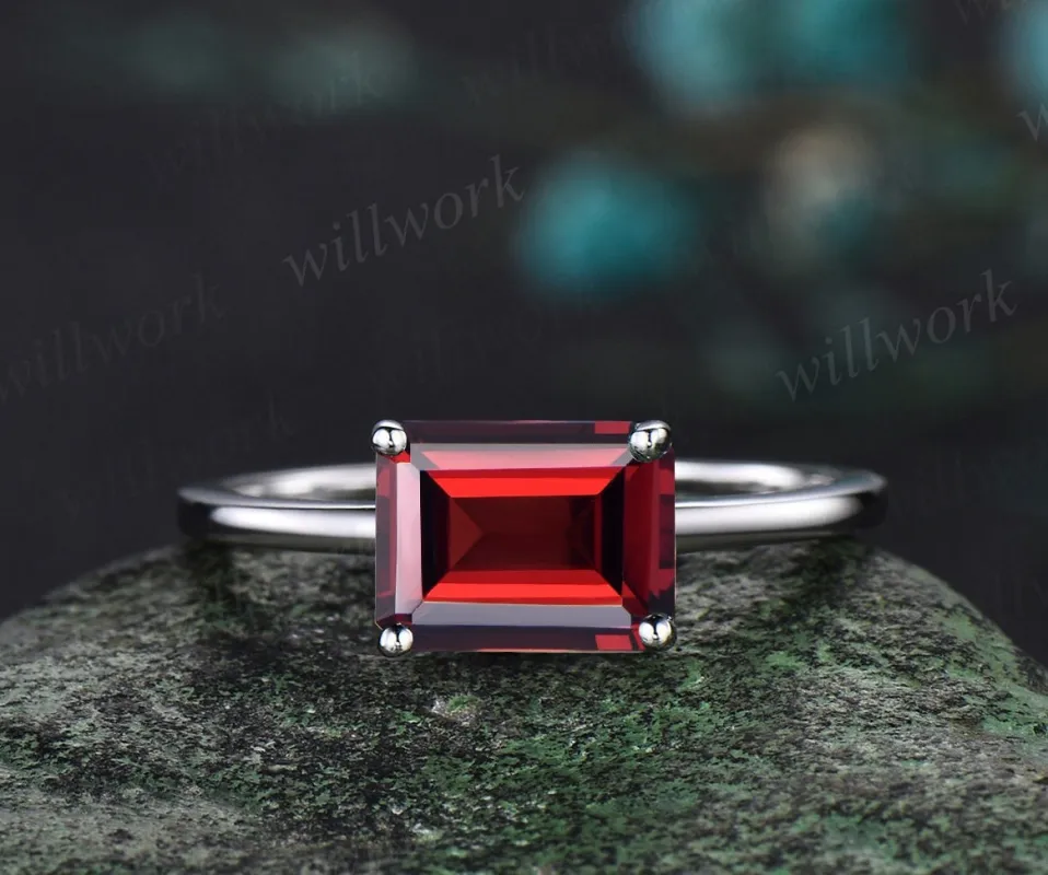 East to west emerald cut red garnet engagement ring women solid 14k white gold solitaire unique gemstone anniversary ring gift sold by Willwork Jewelry