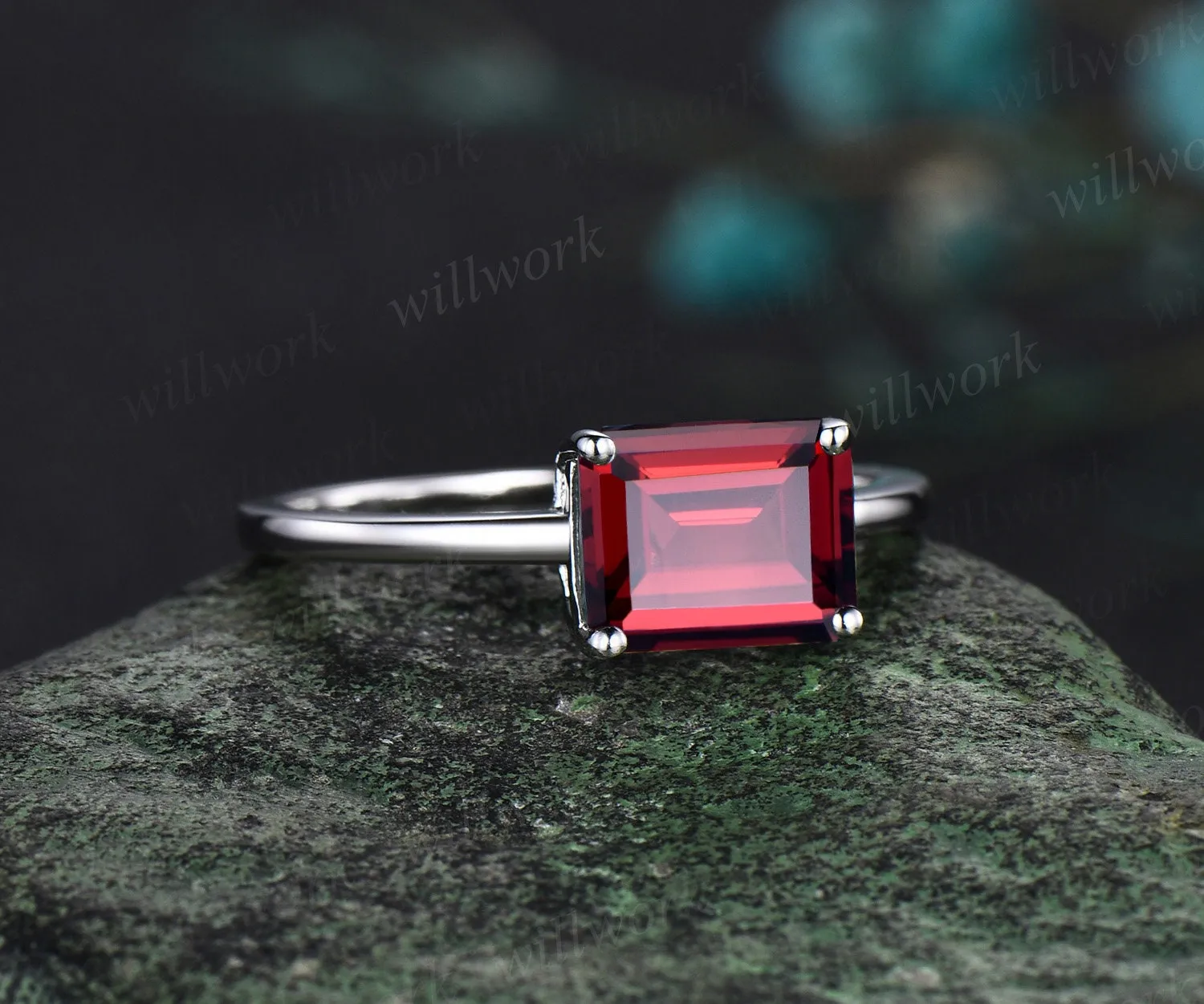 East to west emerald cut red garnet engagement ring women solid 14k white gold solitaire unique gemstone anniversary ring gift sold by Willwork Jewelry product image thumbnail 3