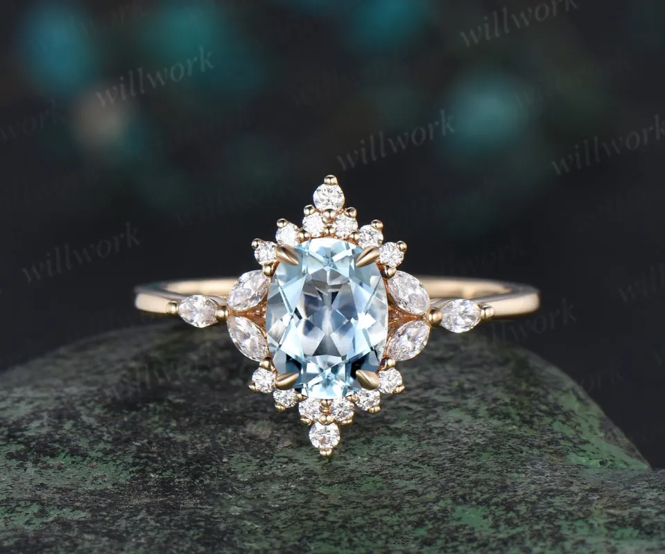 Vintage oval cut Aquamarine engagement ring women solid 14k yellow gold cluster halo marquise diamond promise wedding ring jewelry sold by Willwork Jewelry