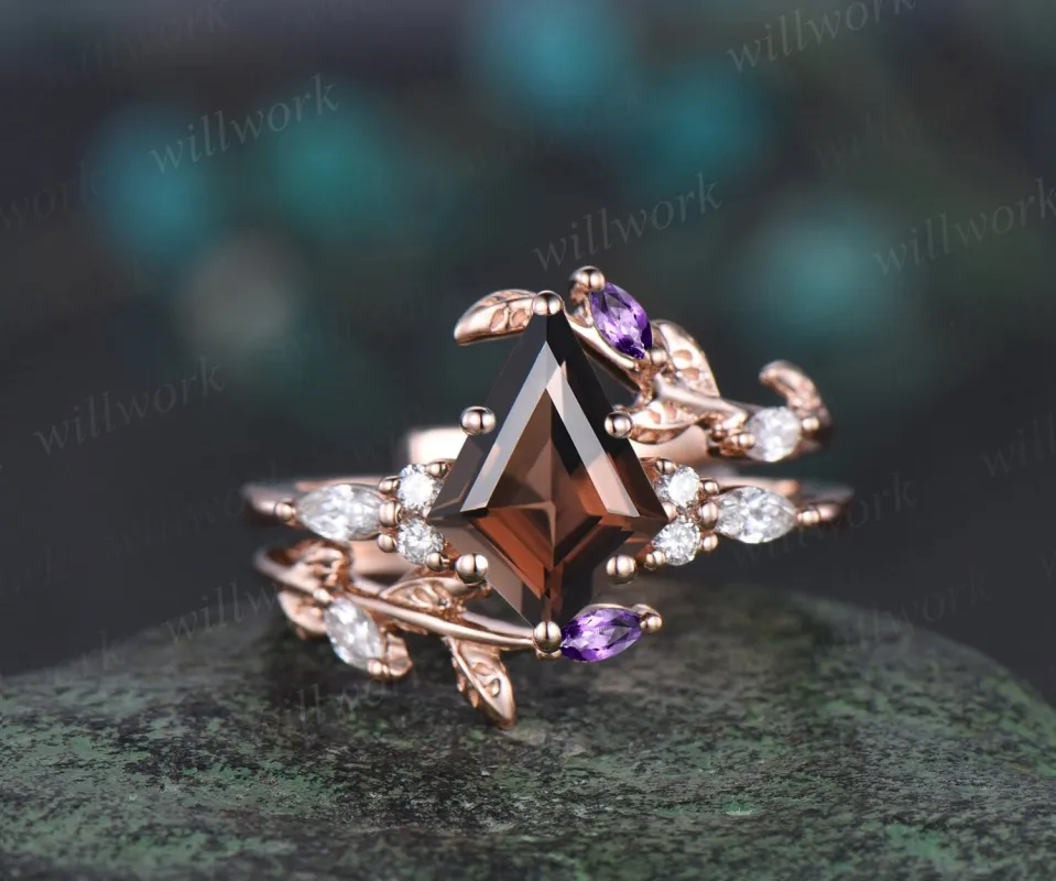 Unique kite cut brown smoky quartz engagement ring twig leaf rose gold diamond amethyst wedding band enhancer anniversary ring set women gift sold by Willwork Jewelry