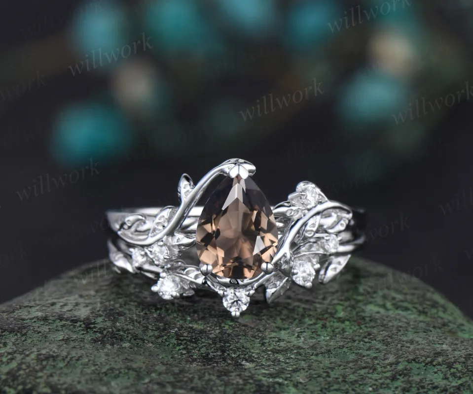 Vintage pear Smoky quartz engagement ring set women white gold brown quartz ring leaf twig diamond Crystal anniversary ring women gift made by Willwork Jewelry