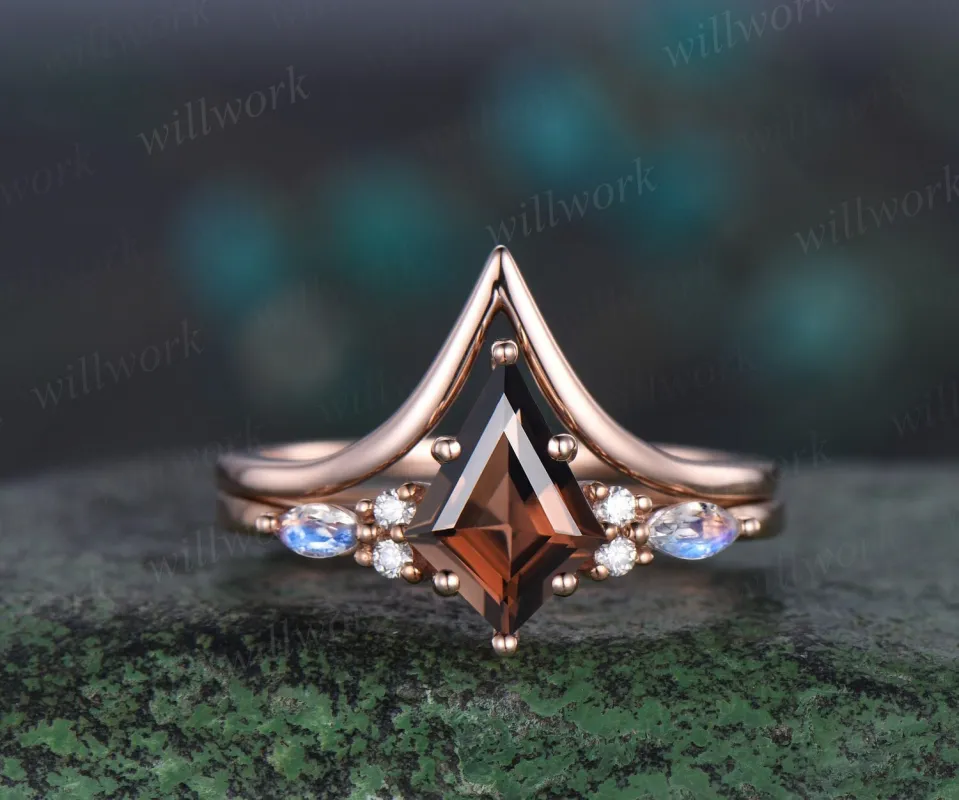 Kite cut brown smoky quartz engagement ring rose gold moonstone bridal wedding ring set women 6 prong stacking unique gemstone ring sold by Willwork Jewelry