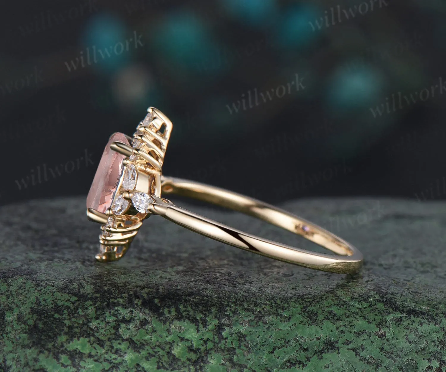 Vintage oval cut morganite engagement ring women solid 14k yellow gold cluster halo marquise diamond promise wedding ring jewelry sold by Willwork Jewelry product image thumbnail 4
