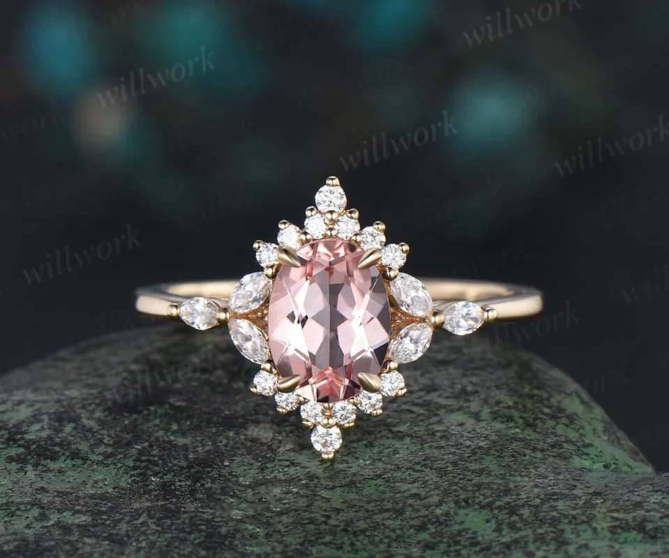 Vintage oval cut morganite engagement ring women solid 14k yellow gold cluster halo marquise diamond promise wedding ring jewelry sold by Willwork Jewelry