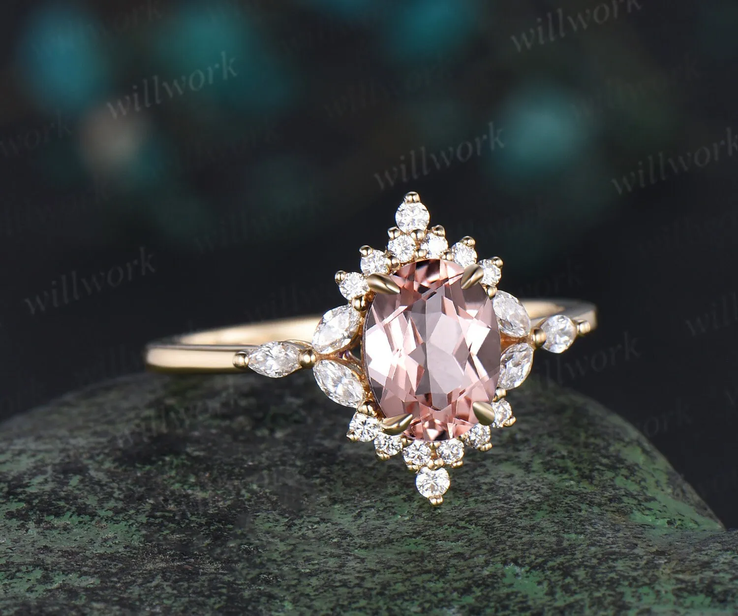 Vintage oval cut morganite engagement ring women solid 14k yellow gold cluster halo marquise diamond promise wedding ring jewelry sold by Willwork Jewelry product image thumbnail 2