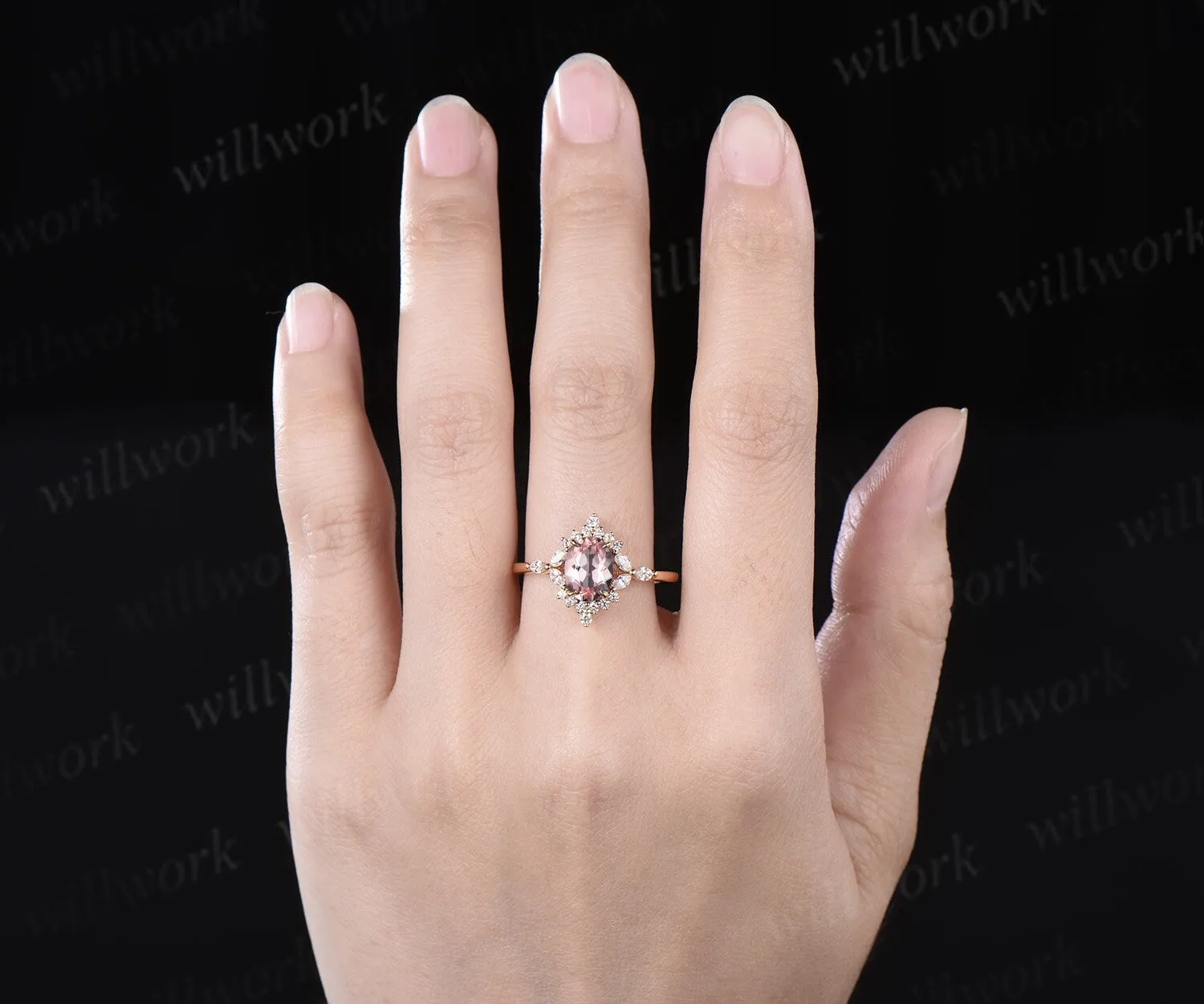 Vintage oval cut morganite engagement ring women solid 14k yellow gold cluster halo marquise diamond promise wedding ring jewelry sold by Willwork Jewelry product image thumbnail 3