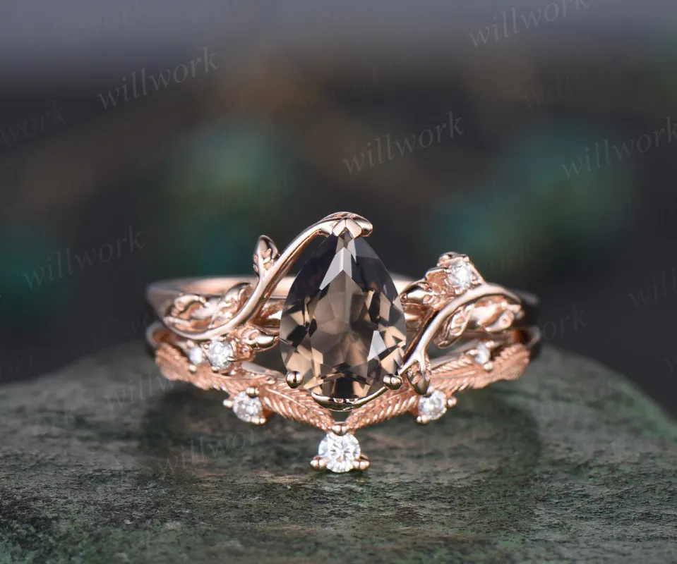 Vintage pear brown smoky quartz engagement ring rose gold leaf nature inspired diamond bridal set women unique wedding ring gemstone made by Willwork Jewelry