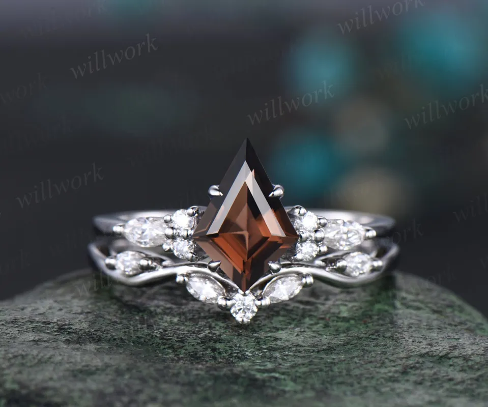 Vintage kite cut brown smoky quartz engagement ring 14k white gold marquise diamond ring for women unique twisted bridal wedding ring set sold by Willwork Jewelry