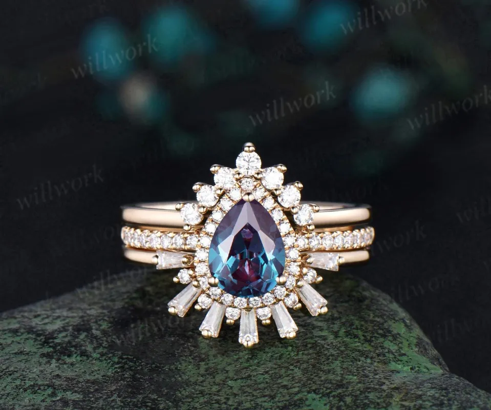 Vintage pear alexandrite engagement ring set yellow gold crown halo baguette moissanite stacking bridal wedding ring set women jewelry sold by Willwork Jewelry