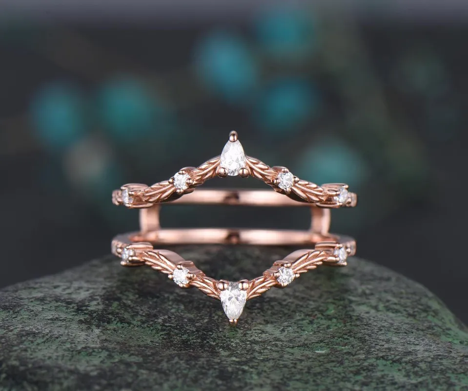 Double V curved diamond wedding band enhancer wraps solid 14k rose gold leaf unique moissanite wedding ring band women anniversary gift made by Willwork Jewelry