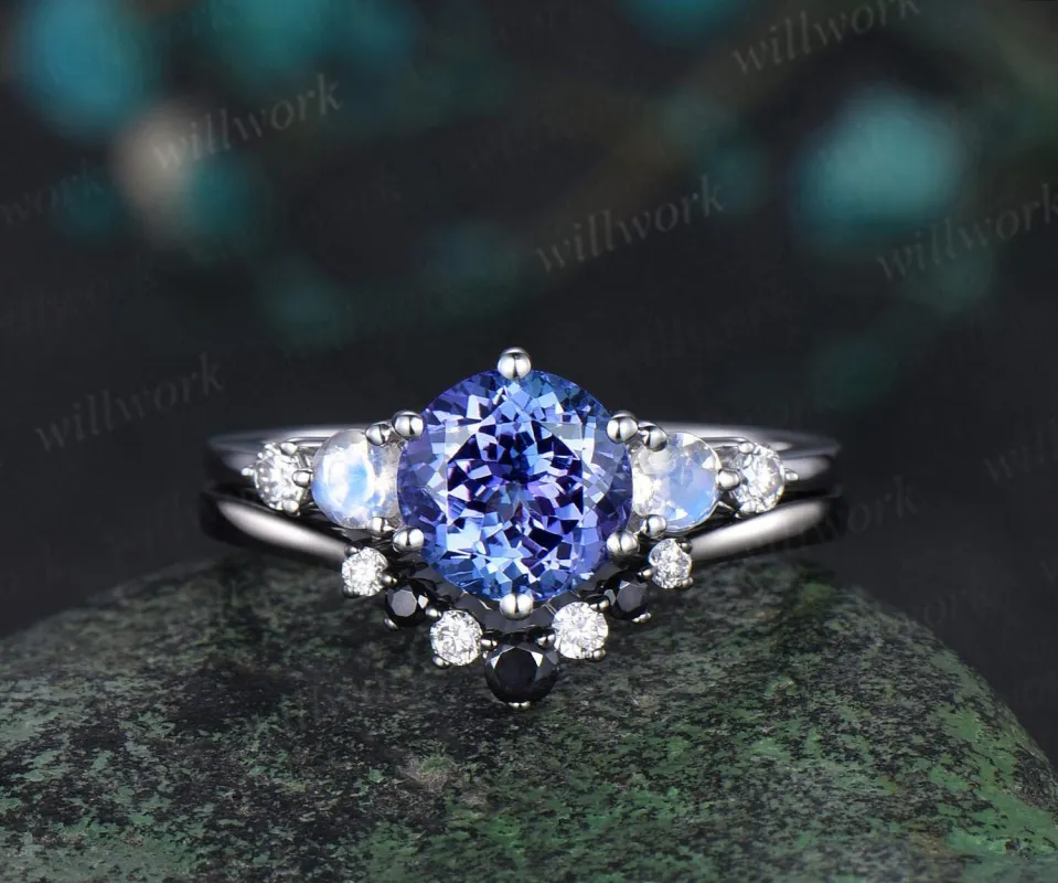 Vintage round natural Tanzanite engagement ring set solid 14k white gold moonstone diamond wedding promise ring women sold by Willwork Jewelry