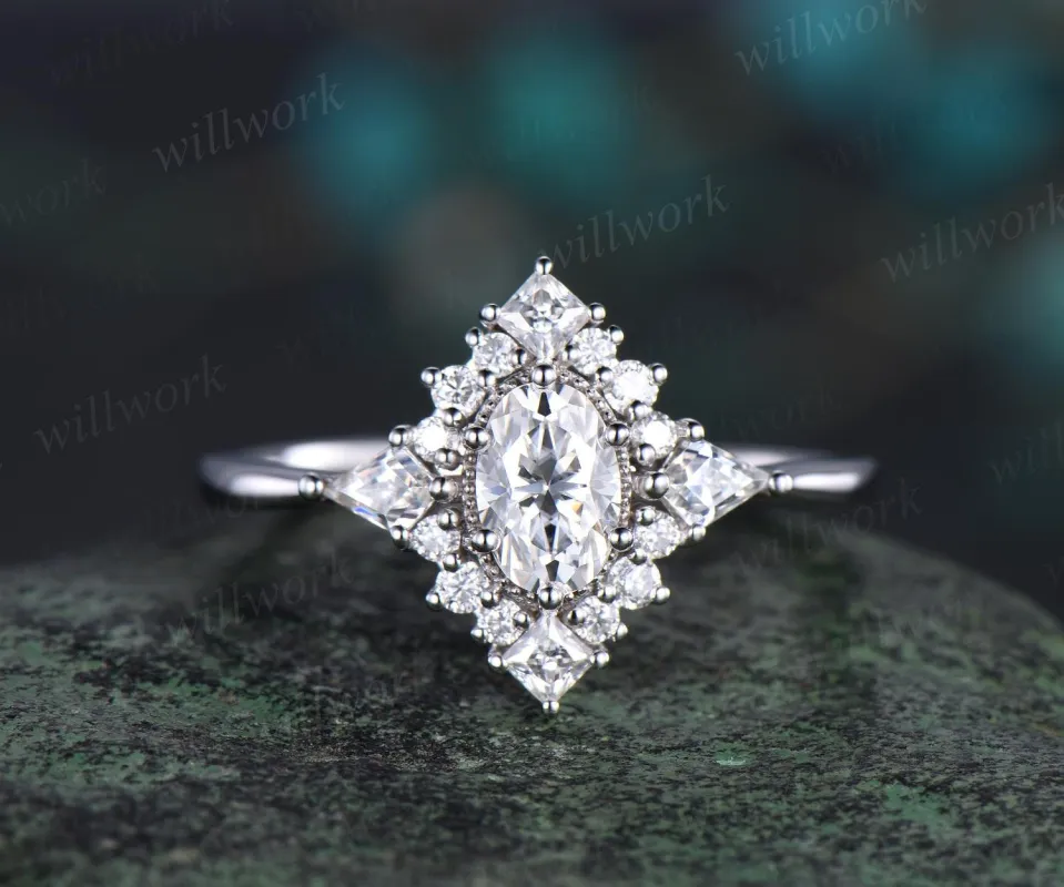 Oval cut moissanite ring vintage white gold halo kite princess unique engagement ring women promise anniversary ring gift sold by Willwork Jewelry