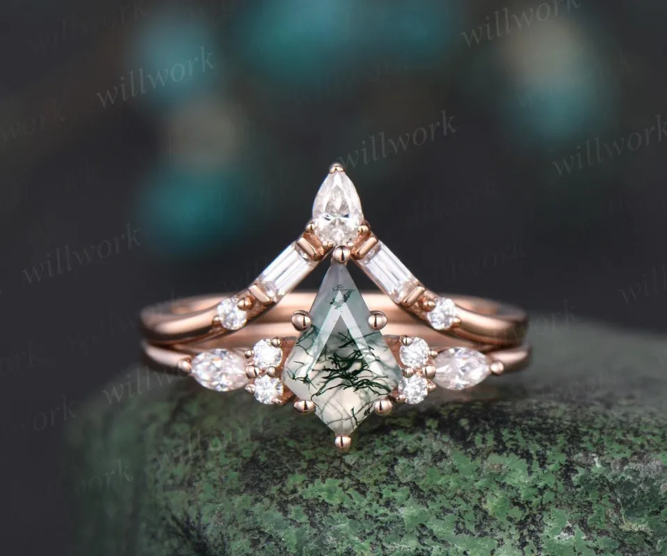 Kite cut moss agate ring vintage rose gold 6 prong unique engagement ring set women Baguette moissanite stacking bridal ring set gemstone sold by Willwork Jewelry