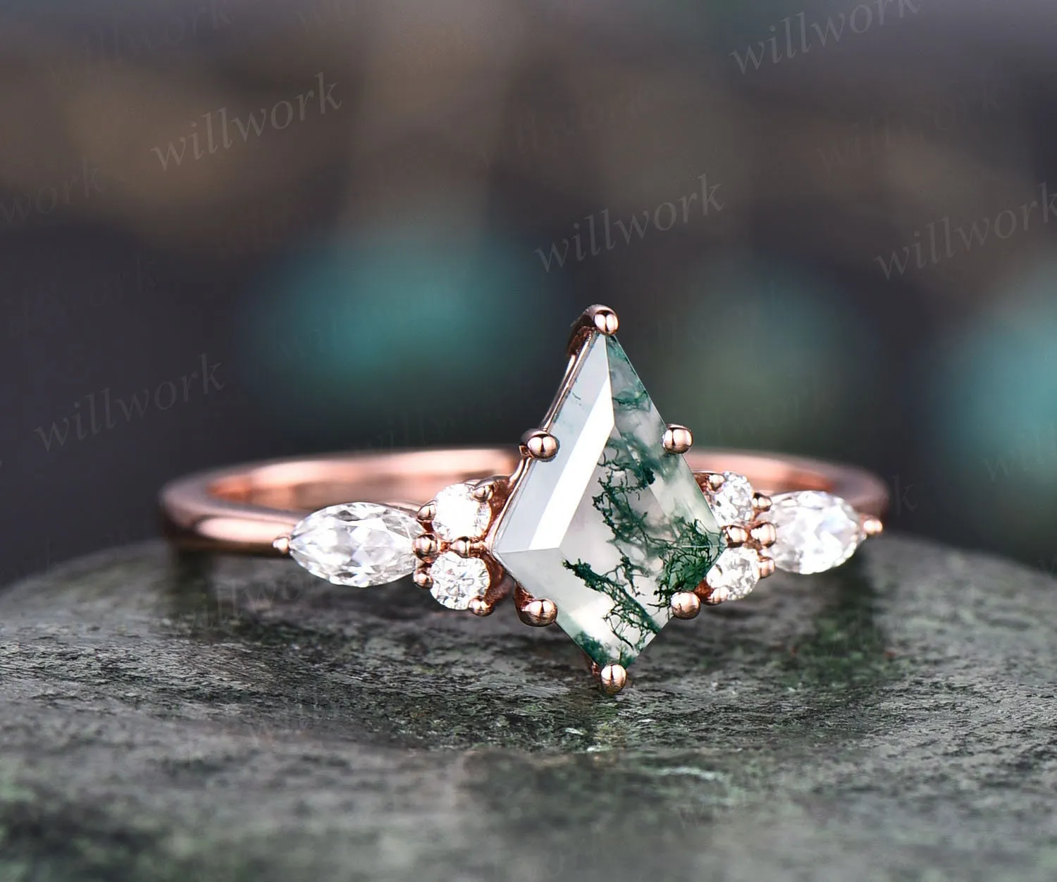 Kite cut moss agate ring vintage rose gold 6 prong unique engagement ring set women Baguette moissanite stacking bridal ring set gemstone sold by Willwork Jewelry product image thumbnail 5