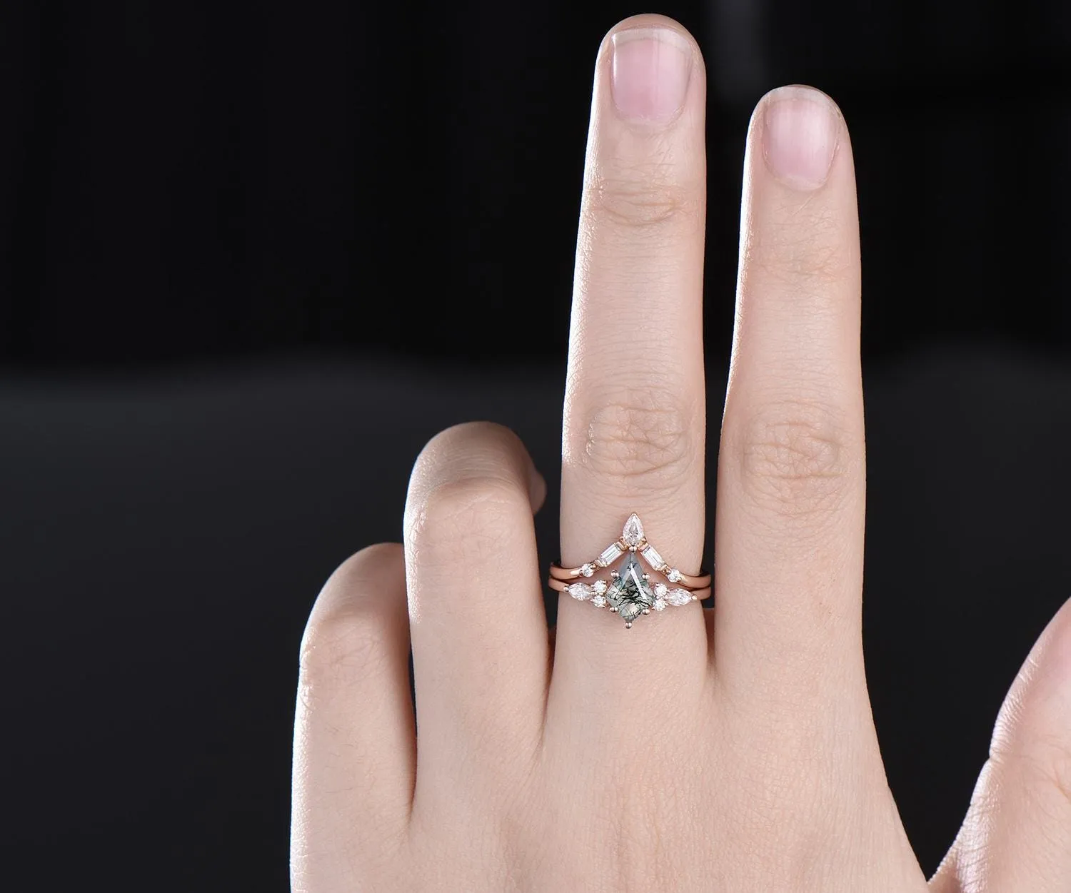 Kite cut moss agate ring vintage rose gold 6 prong unique engagement ring set women Baguette moissanite stacking bridal ring set gemstone sold by Willwork Jewelry product image thumbnail 2