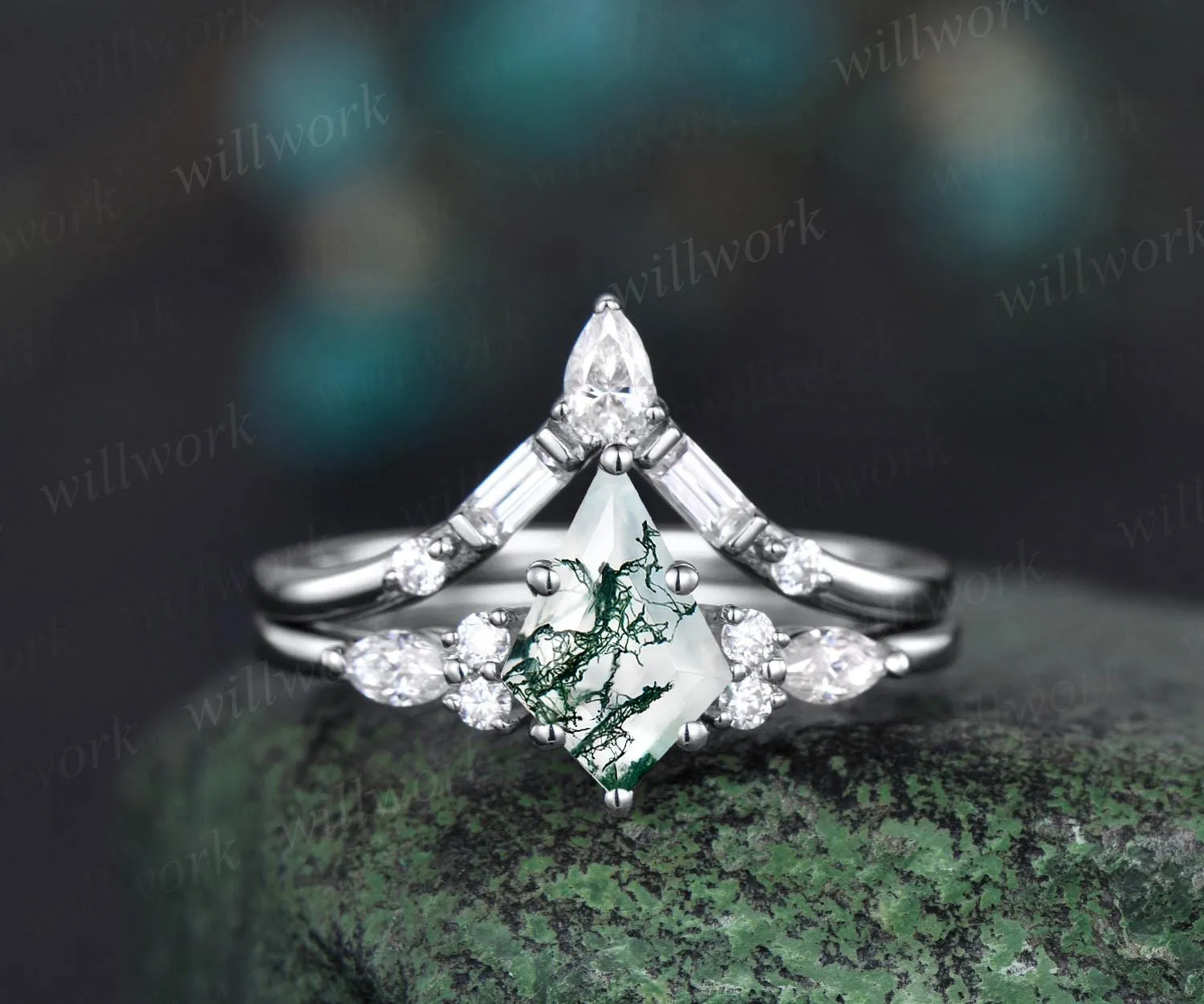Kite cut moss agate ring vintage rose gold 6 prong unique engagement ring set women Baguette moissanite stacking bridal ring set gemstone sold by Willwork Jewelry product image thumbnail 3