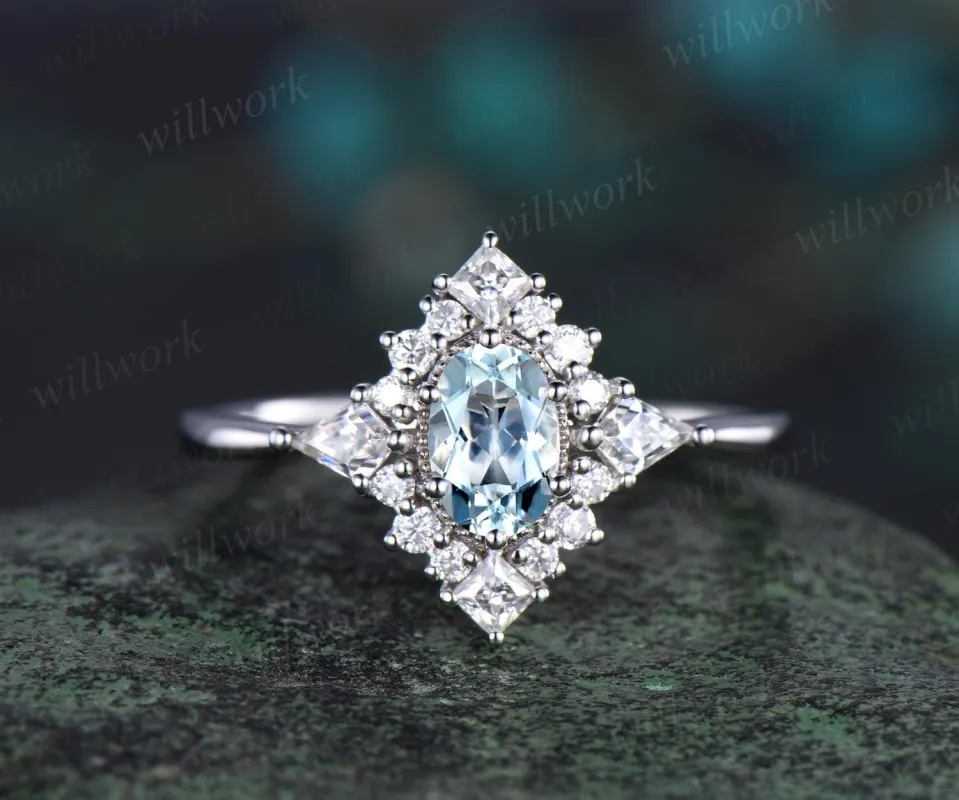 Oval cut Aquamarine ring vintage white gold halo kite princess unique engagement ring women moissanite promise anniversary ring gift sold by Willwork Jewelry