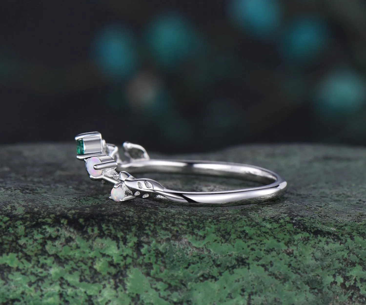 Leaf opal wedding band women solid 14k white gold five stone emerald wedding ring band vintage stacking bridal ring gift sold by Willwork Jewelry product image thumbnail 5