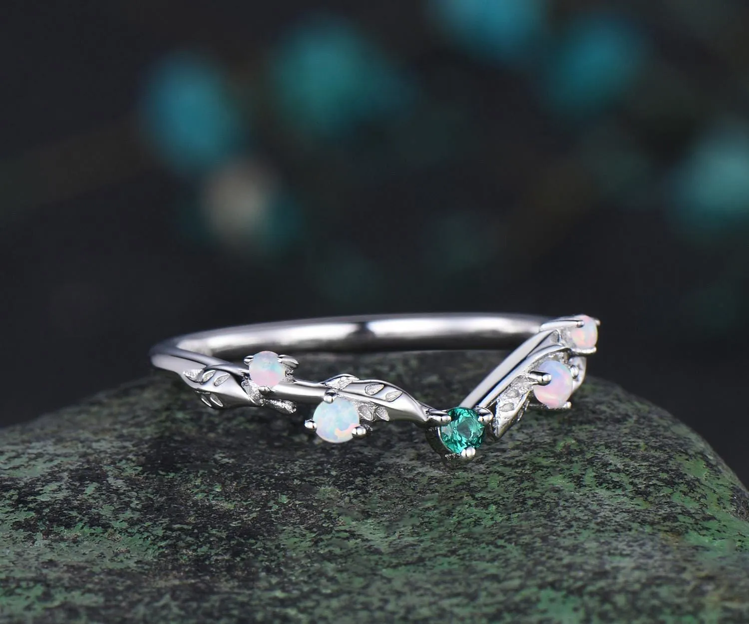 Leaf opal wedding band women solid 14k white gold five stone emerald wedding ring band vintage stacking bridal ring gift sold by Willwork Jewelry product image thumbnail 2