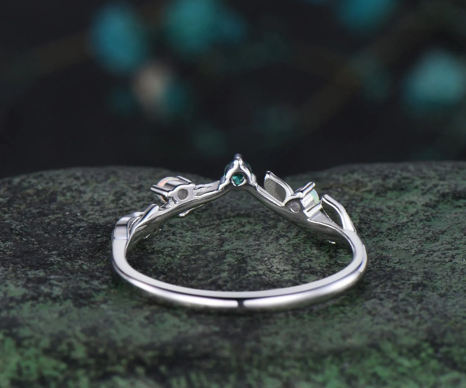 Leaf opal wedding band women solid 14k white gold five stone emerald wedding ring band vintage stacking bridal ring gift sold by Willwork Jewelry product image thumbnail 4