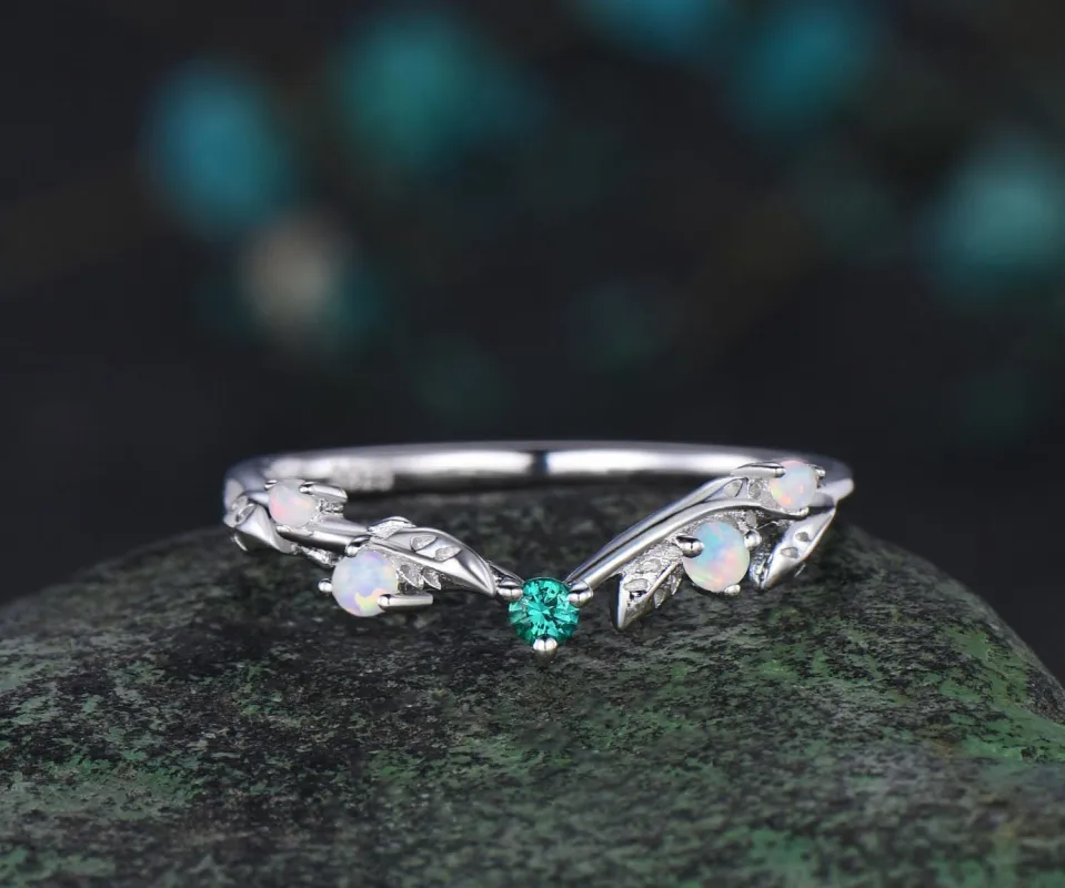 Leaf opal wedding band women solid 14k white gold five stone emerald wedding ring band vintage stacking bridal ring gift sold by Willwork Jewelry
