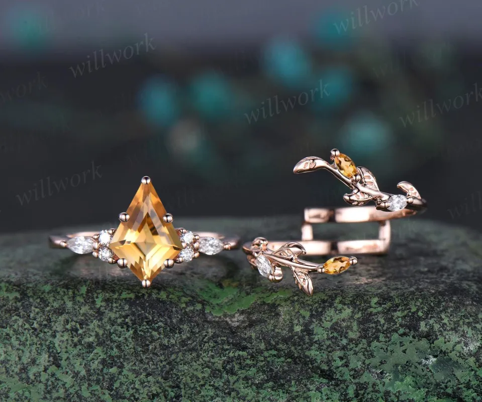 Unique kite cut yellow citrine engagement ring set leaf rose gold diamond wedding band enhancer Crystal gemstone anniversary ring women gift made by Willwork Jewelry