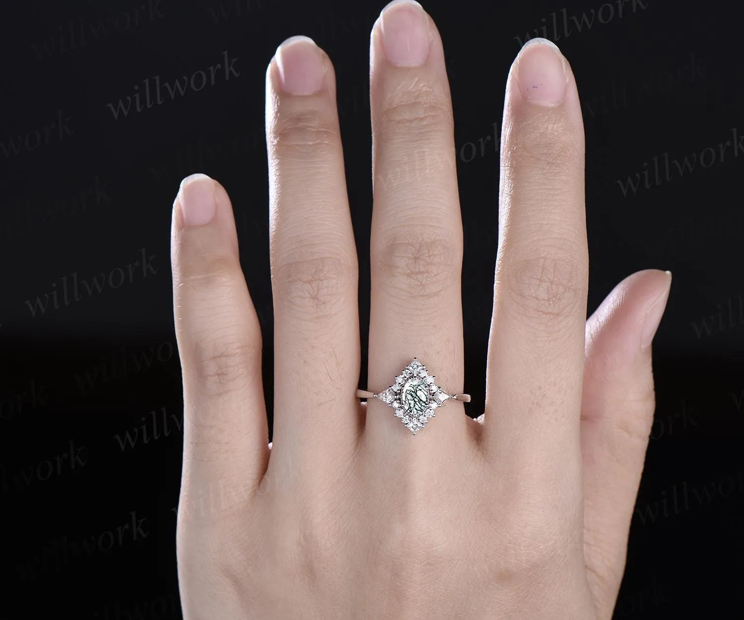 Oval cut moss agate ring vintage white gold halo kite princess unique engagement ring women moissanite wedding anniversary ring gift for her sold by Willwork Jewelry product image thumbnail 3