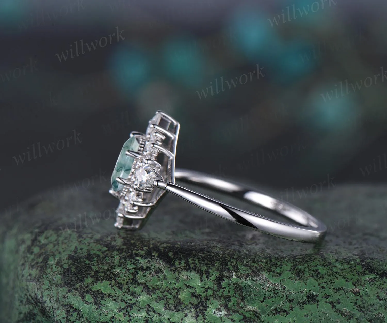 Oval cut moss agate ring vintage white gold halo kite princess unique engagement ring women moissanite wedding anniversary ring gift for her sold by Willwork Jewelry product image thumbnail 4