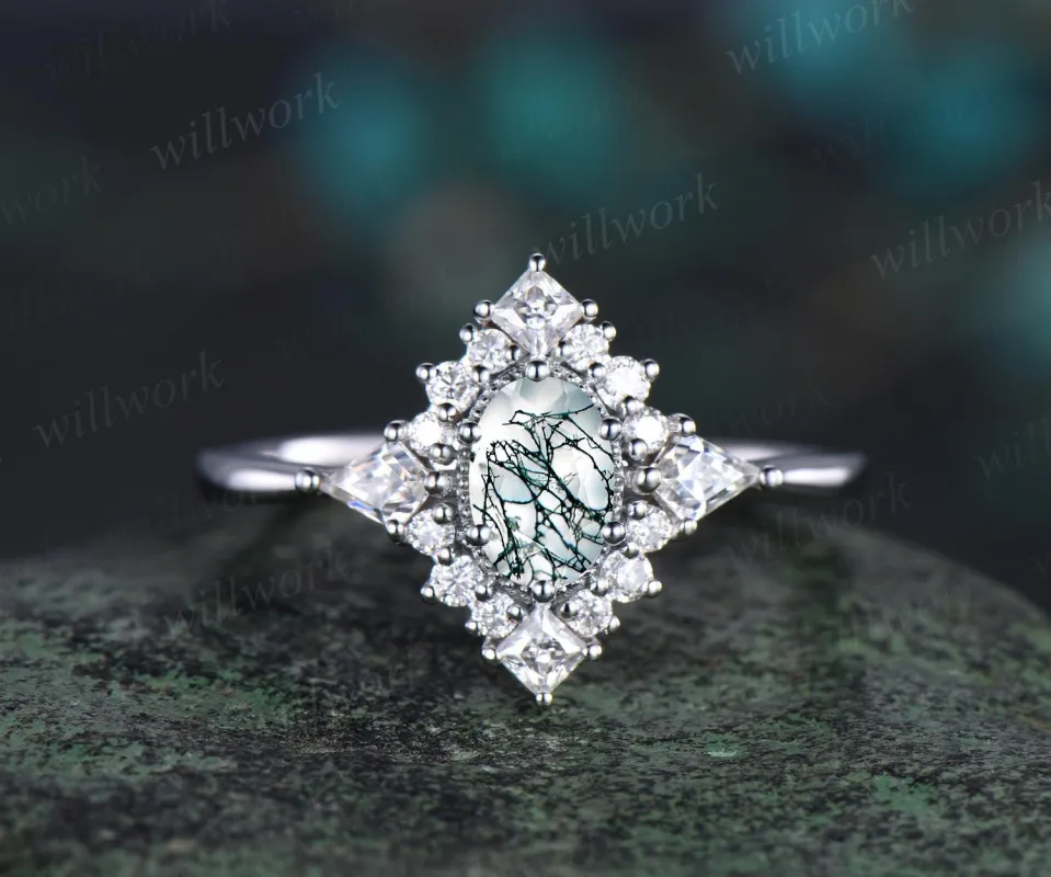 Oval cut moss agate ring vintage white gold halo kite princess unique engagement ring women moissanite wedding anniversary ring gift for her sold by Willwork Jewelry