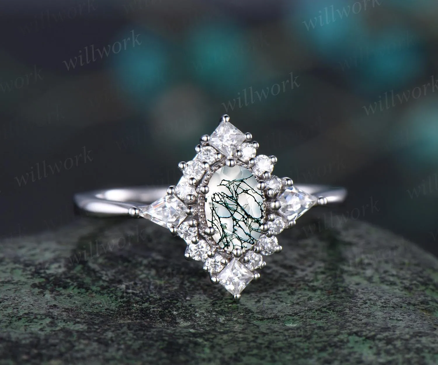 Oval cut moss agate ring vintage white gold halo kite princess unique engagement ring women moissanite wedding anniversary ring gift for her sold by Willwork Jewelry product image thumbnail 2