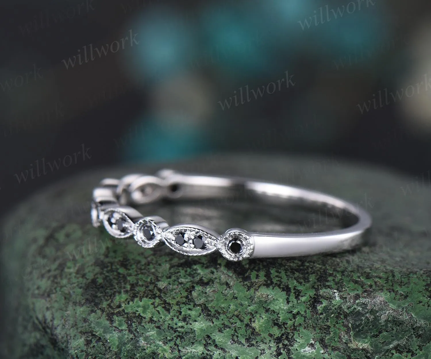 Black diamond wedding band solid 14k white gold milgrain marquise half eternity art deco bridal wedding ring band women anniversary gift sold by Willwork Jewelry product image thumbnail 4