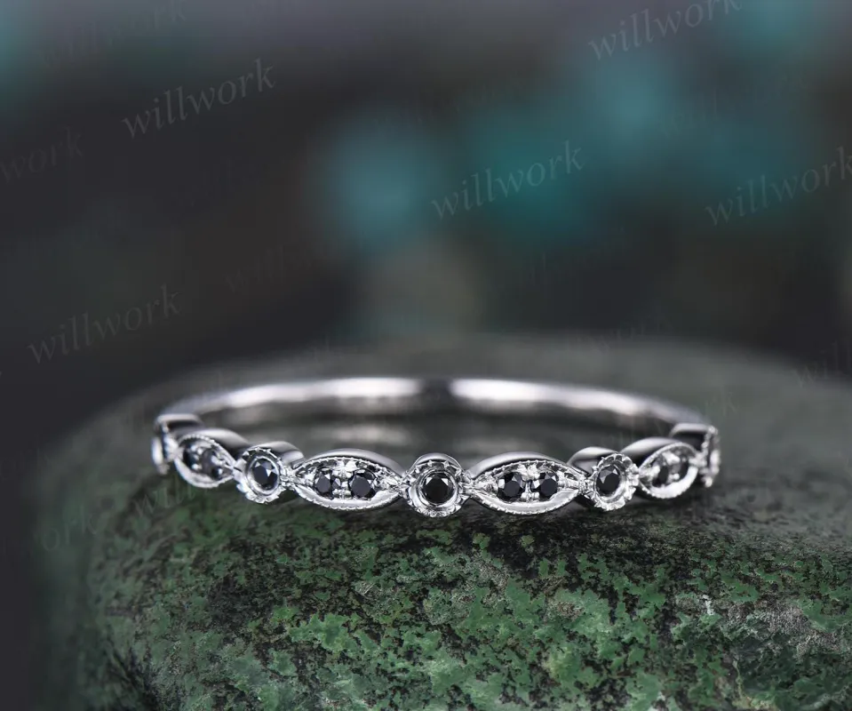 Black diamond wedding band solid 14k white gold milgrain marquise half eternity art deco bridal wedding ring band women anniversary gift made by Willwork Jewelry