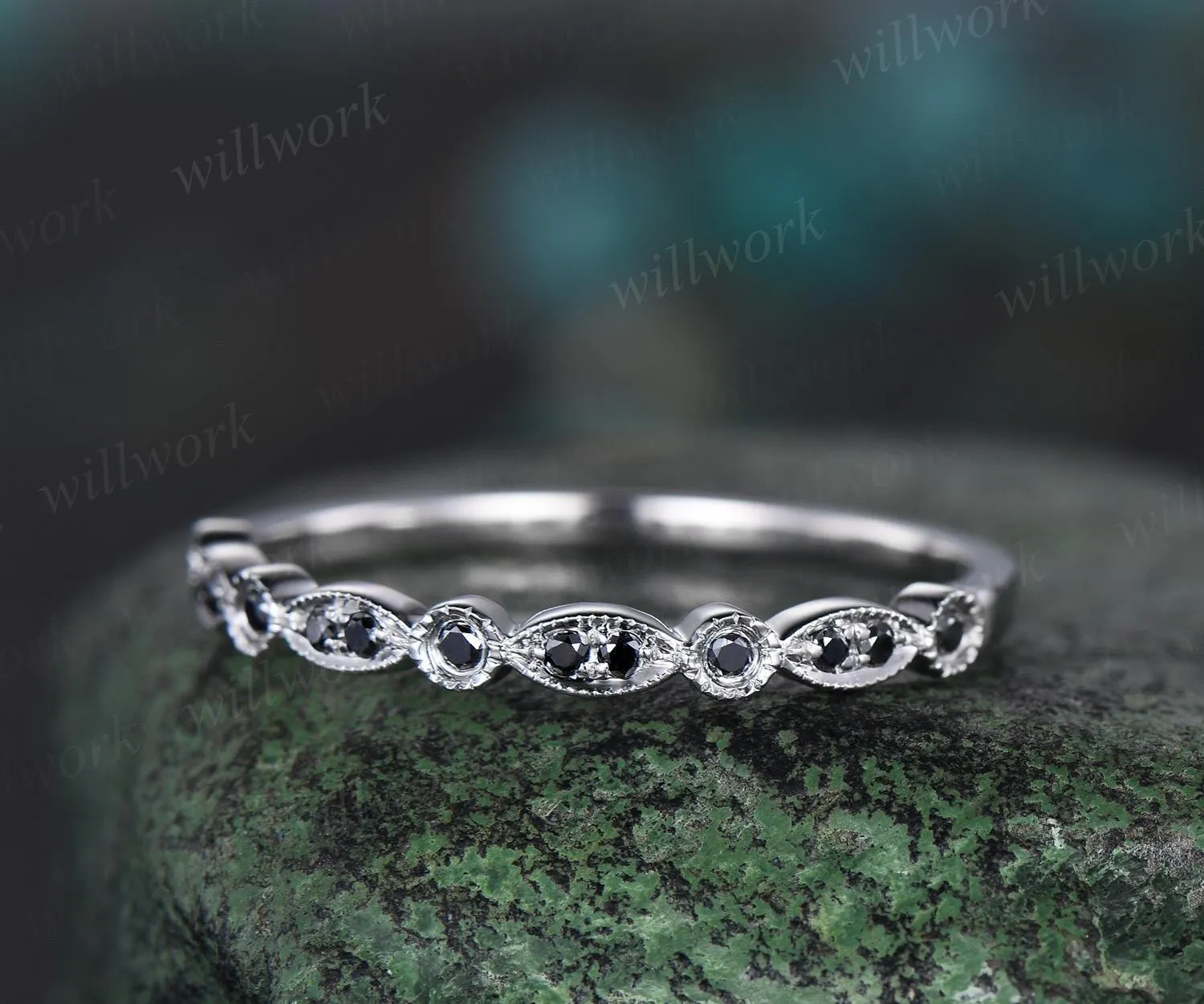 Black diamond wedding band solid 14k white gold milgrain marquise half eternity art deco bridal wedding ring band women anniversary gift sold by Willwork Jewelry product image thumbnail 2