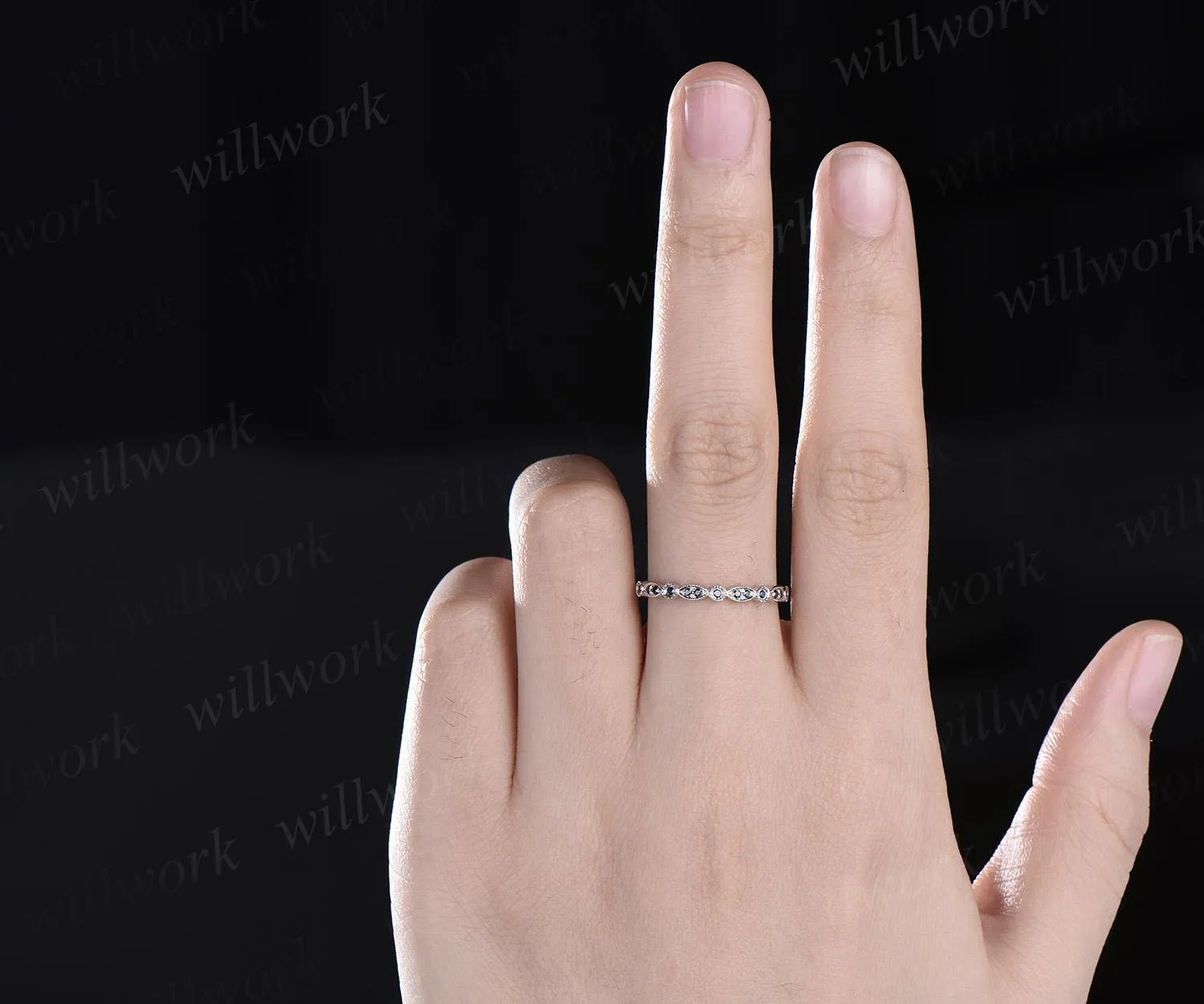 Black diamond wedding band solid 14k white gold milgrain marquise half eternity art deco bridal wedding ring band women anniversary gift sold by Willwork Jewelry product image thumbnail 3