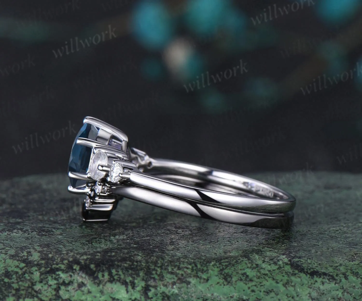 Round cut London blue topaz ring white gold five stone moonstone black spinel moissanite ring women 6 prong unique engagement ring gift sold by Willwork Jewelry product image thumbnail 4