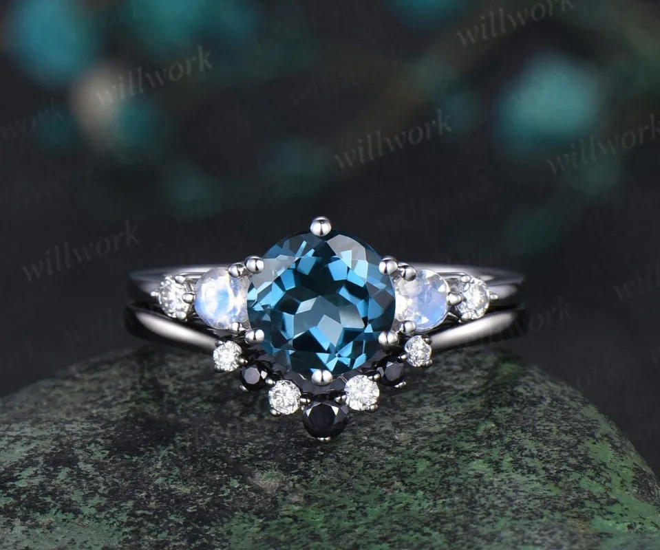 Round cut London blue topaz ring white gold five stone moonstone black spinel moissanite ring women 6 prong unique engagement ring gift sold by Willwork Jewelry