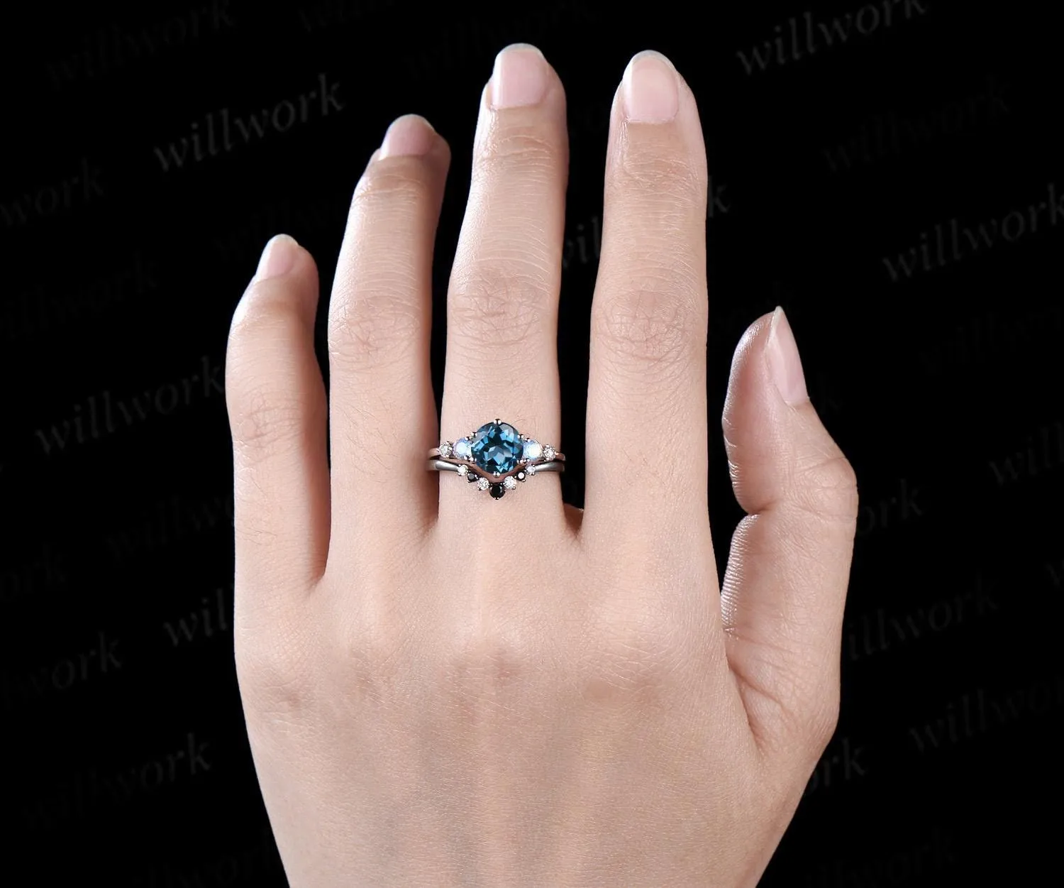 Round cut London blue topaz ring white gold five stone moonstone black spinel moissanite ring women 6 prong unique engagement ring gift sold by Willwork Jewelry product image thumbnail 3
