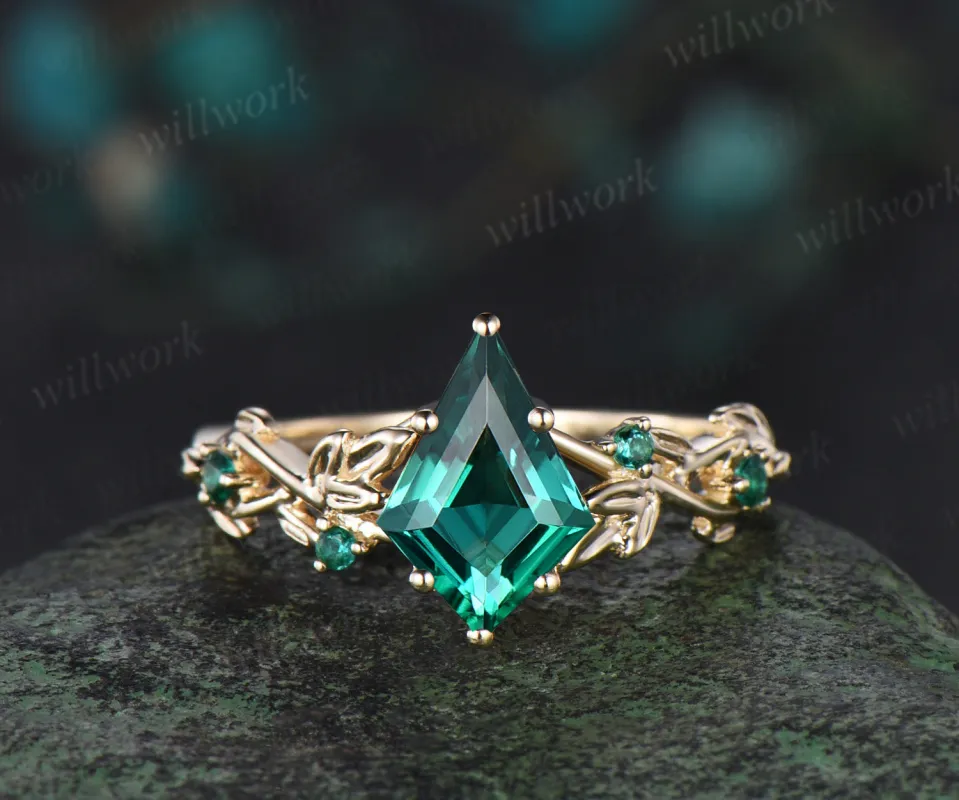 Kite cut green emerald Engagement Ring yellow gold leaf vine five stone emerald Nature Inspired anniversary ring gift women sold by Willwork Jewelry
