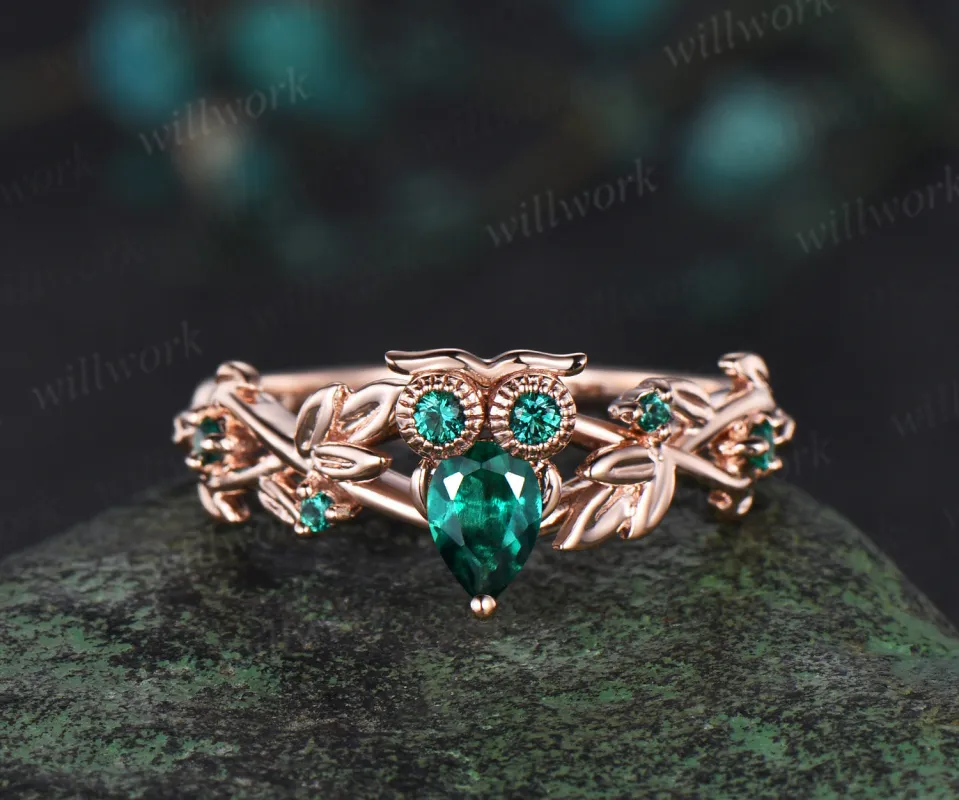 Pear Green Emerald Owl Engagement Ring 14k Gold Branch Leaf May Birthstone Wedding Ring Nature Inspired Ring Birthday Gift for Owl Lover sold by Willwork Jewelry