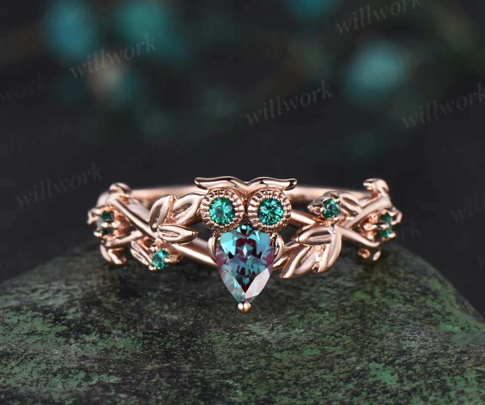 Pear alexandrite Owl Engagement Ring 14k Gold Branch Leaf emerald Wedding Ring Nature Inspired Ring Birthday Gift for Owl Lover sold by Willwork Jewelry