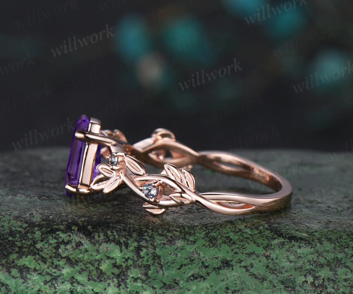 Coffin cut amethyst engagement ring vintage five stone alexandrite leaf infinity kite cut ring vine branch anniversary ring gift sold by Willwork Jewelry product image thumbnail 5