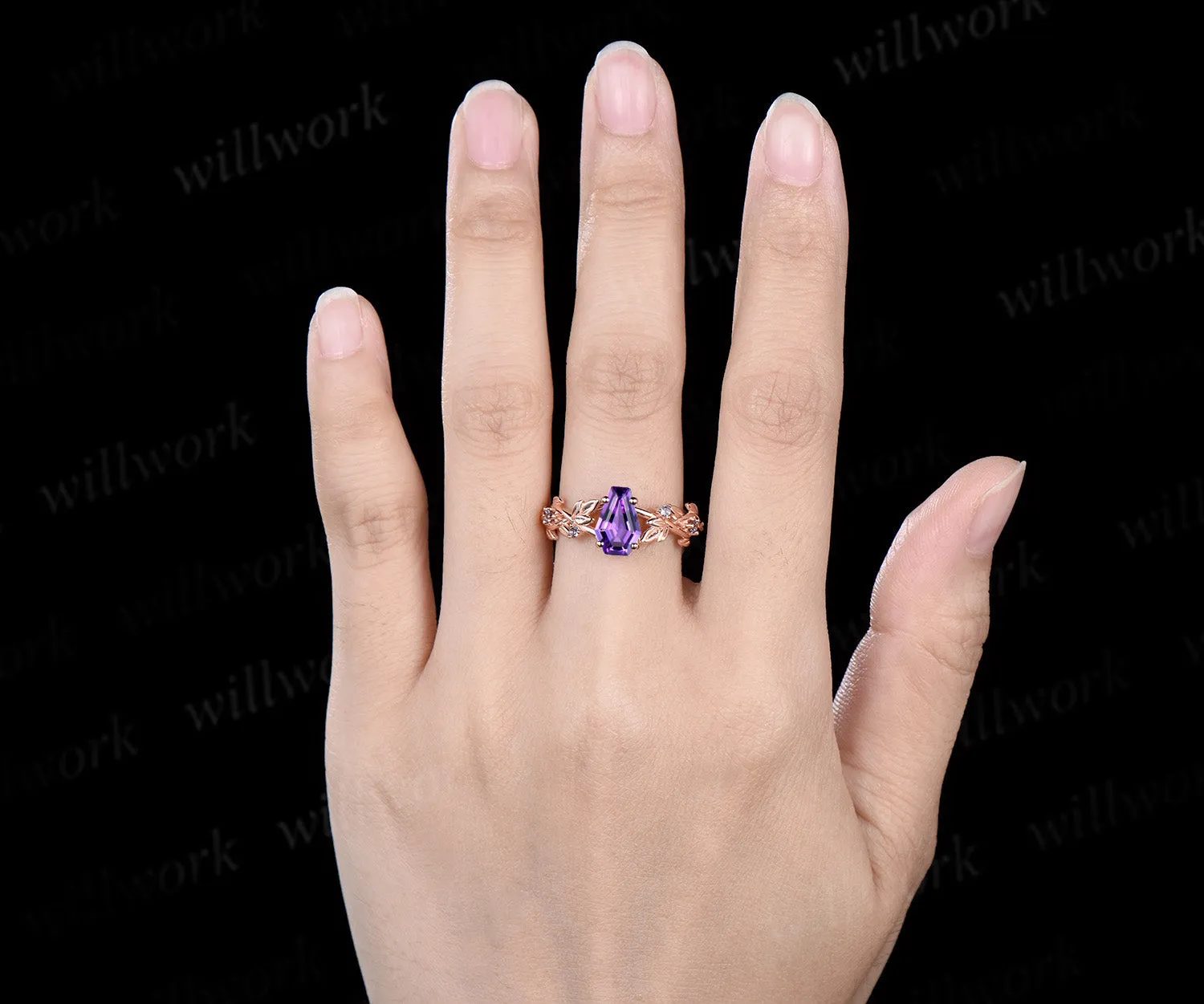 Coffin cut amethyst engagement ring vintage five stone alexandrite leaf infinity kite cut ring vine branch anniversary ring gift sold by Willwork Jewelry product image thumbnail 3