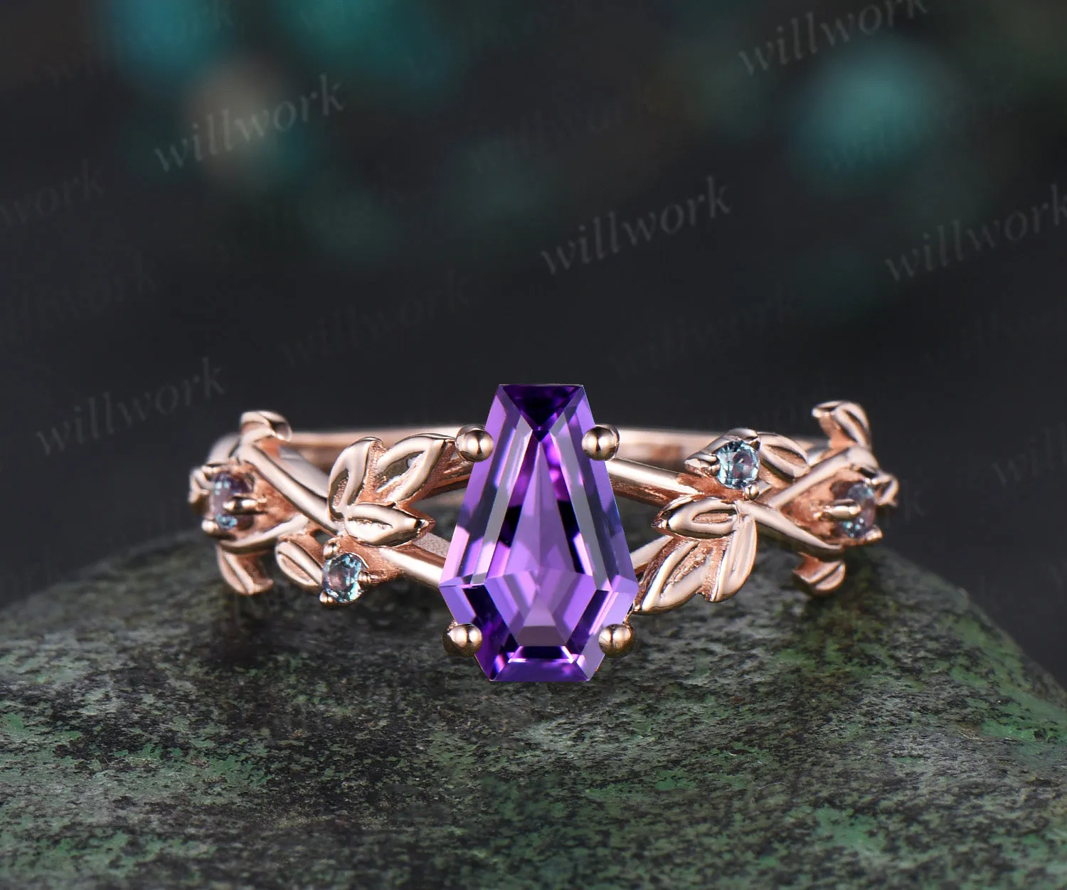 Coffin cut amethyst engagement ring vintage five stone alexandrite leaf infinity kite cut ring vine branch anniversary ring gift sold by Willwork Jewelry product image thumbnail 2