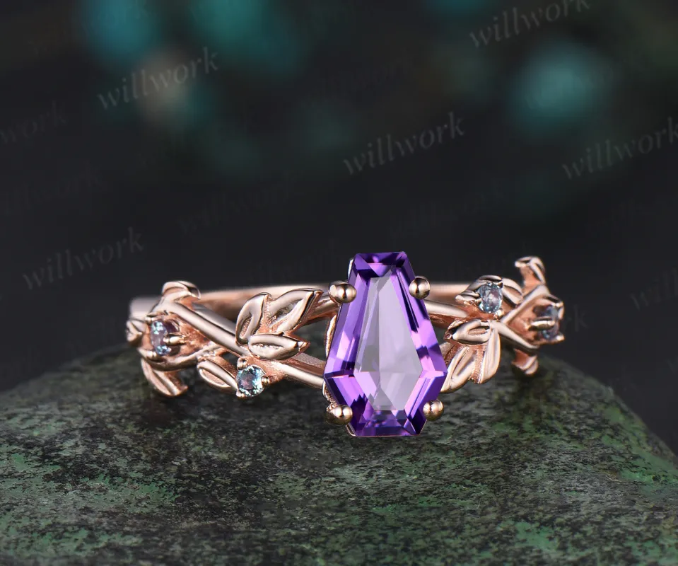 Coffin cut amethyst engagement ring vintage five stone alexandrite leaf infinity kite cut ring vine branch anniversary ring gift made by Willwork Jewelry