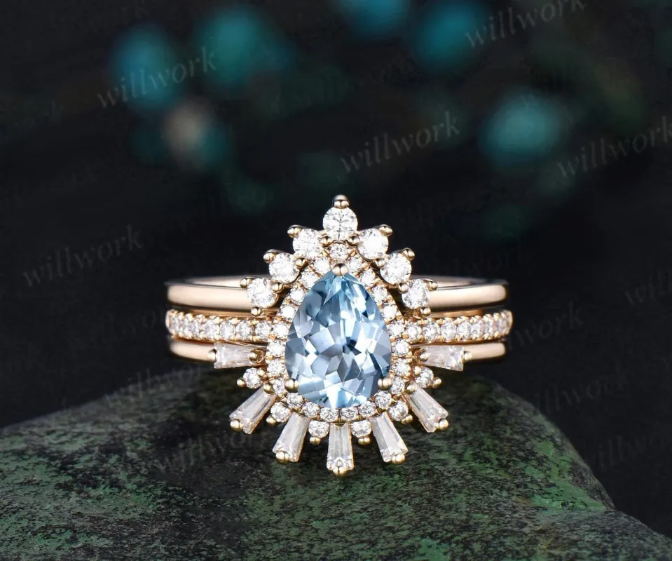 Vintage pear Aquamarine engagement ring set yellow gold crown halo baguette moissanite stacking bridal wedding ring set women jewelry sold by Willwork Jewelry