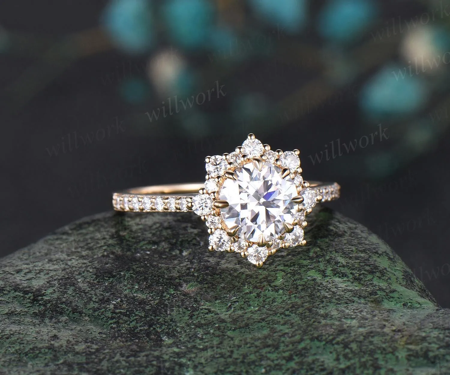 1ct round cut moissanite ring yellow gold vintage halo diamond half eternity unique snowdrift engagement ring women antique jewelry gift sold by Willwork Jewelry product image thumbnail 2
